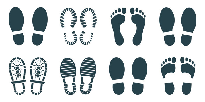 Footprint Icons featuring human footprints, shoe prints, boot prints, sole silhouettes, and clean isolated vector illustrations.
