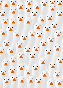 Playful pattern of cute stylized white birds with orange beaks