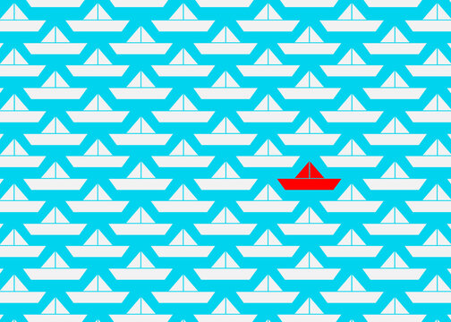 Red origami boat standing out in a pattern of white boats