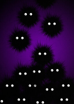 Cute furry black monsters floating on a dark purple background