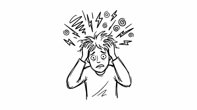 Hand drawn stressed person holding head with anxiety and headache. Mental health, confusion, emotional pressure, overthinking, and migraine concept in outline vector illustration isolated on white bac