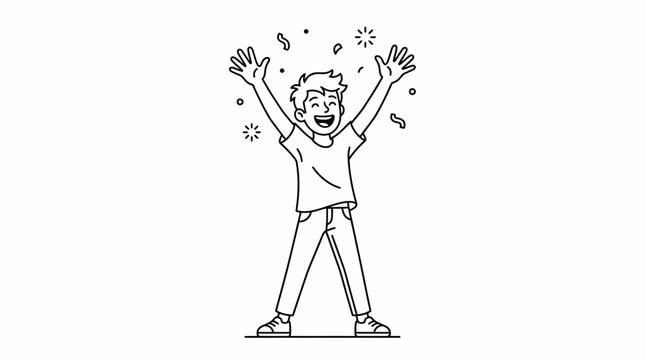 Hand drawn happy child celebrating with raised arms. Joy, excitement, success, positive emotion, and cheerful lifestyle concept in outline vector illustration isolated on white background.