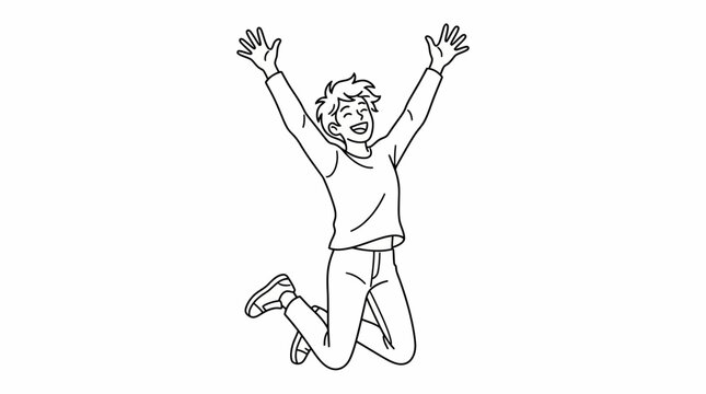 Hand drawn happy boy jumping with raised arms. Celebration, excitement, success, joy, and positive emotion concept in outline vector illustration isolated on white background