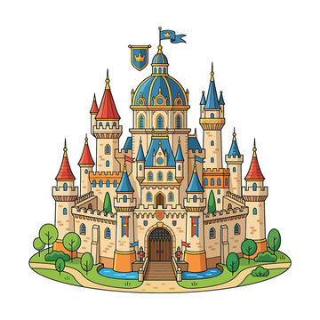 A large fantasy castle with towers.