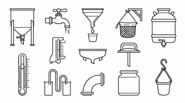 Collection of industrial and laboratory equipment line icons for manufacturing and processing.