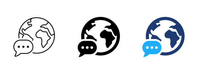 Global chat icon. Worldwide communication symbol. International message sign. Simple pictogram for global conversation, online messaging, multilingual support and communication interface design. © Chelpanoff