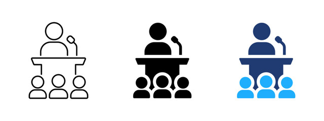 Obraz na płótnie Canvas Public speaking icon. Speaker presentation symbol. Simple pictogram for conference, lecture, seminar, keynote speech, audience event and business training.