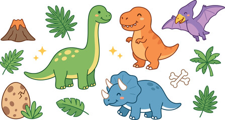 Cute Cartoon Dinosaur Vector Set with Friendly T-Rex, Brachiosaurus, Triceratops, Pterodactyl, Volcano, and Tropical Jungle Leaves for Nursery Kids Graphic Designs © Shareful