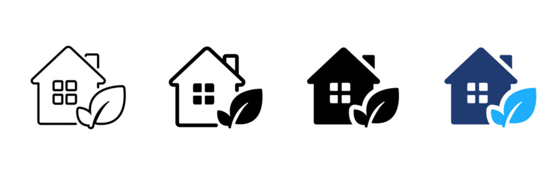 Eco house icon. Green home symbol. Simple pictogram for sustainable housing, eco friendly property, energy saving, natural living and real estate design.