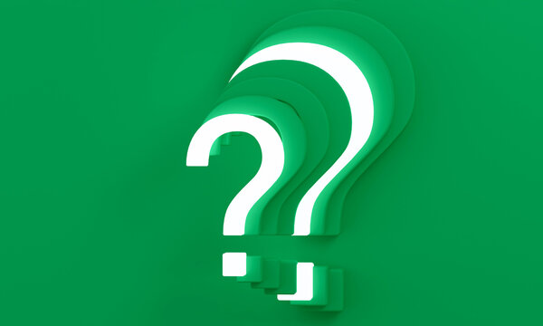 Glowing 3D question mark with layered steps on green background