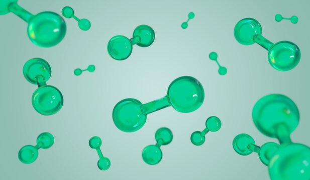 3D rendering of green H2 hydrogen molecule pattern