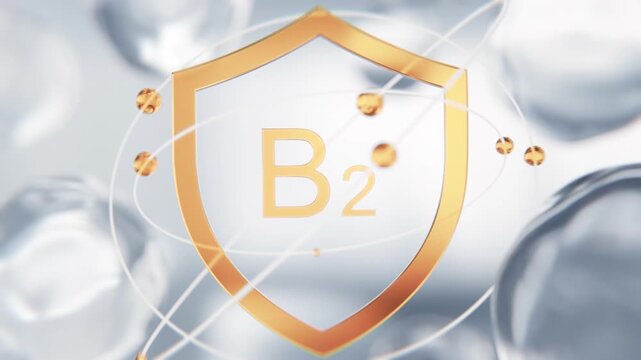 Riboflavin Vitamin B2 golden shield symbol in 3D animation. Cellular energy metabolic molecular structure background with transparent liquid cells for science or biochemistry video