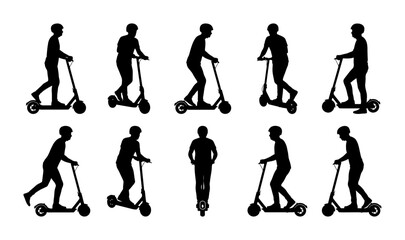 Naklejka premium Electric Scooter Rider Silhouette Vector Set Featuring Various Commuter Poses and Urban Transport Activities
