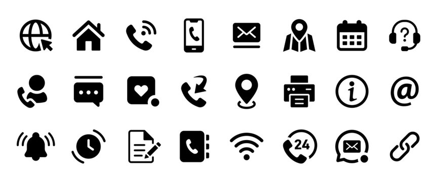 Contact icon set black. Communication and support symbol collection. Editable pictograms for phone, email, website, address, message, customer service, notification and online contact glyph design.