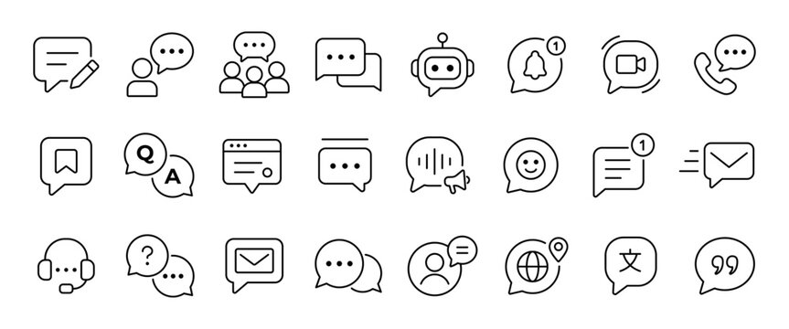 Chat icon set line. Communication symbol collection. Outline pictograms for message, dialogue, email, support, feedback, notification, video call, phone call, messenger and online conversation design.