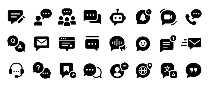 Chat icon set black. Communication symbol collection. Glyph pictograms for message, dialogue, email, support, feedback, notification, video call, phone call, messenger and online conversation design.