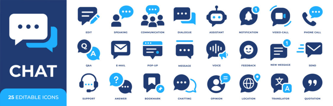 Chat icon set. Communication symbol collection. Editable pictograms for message, dialogue, email, support, feedback, notification, video call, phone call, messenger and online conversation design.