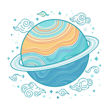 Flat illustration of Saturn with rings and decorative clouds