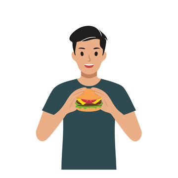 Man holding hamburger in flat vector style