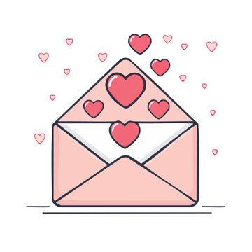 Pink love letter envelope with hearts, flat vector illustration