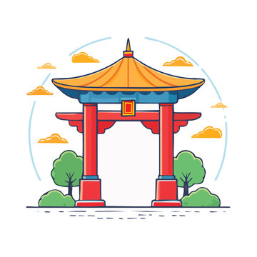 Traditional Chinese Gate with Pagoda Roof Illustration