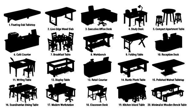 Premium Wooden Table Vector Set with Realistic Oak Tabletops Office Desks Kitchen Furniture and Cafe Tables Isolated