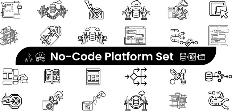 No-Code Platform Linear Icon Set | Drag Drop Builder, Workflow, Automation, API