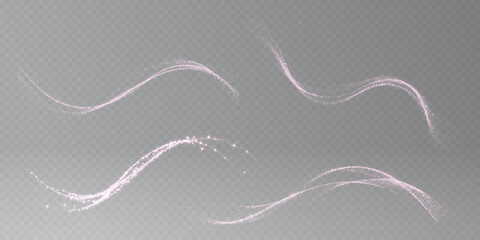 Transparent png pink sparkle wave trails overlay with glitter dust light effect for abstract glowing design background decoration and festive greeting card invitation element realistic sparkles neon © Andrey