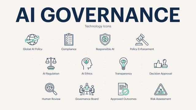 Ai governance concepts illustrated with icons . Vector flat illustration.