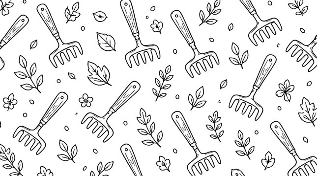 Hand drawn garden tools and leaves pattern design.