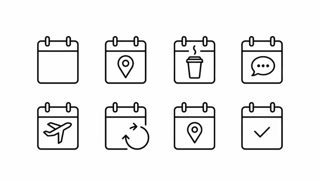 Set of eight flat design calendar icons with different symbols for scheduling and planning . Vector flat illustration.