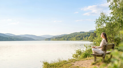 Fototapeta premium Wooden bench in a serene outdoor setting