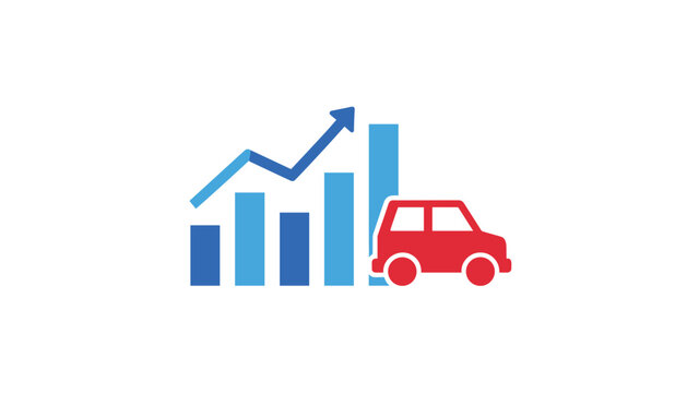 Red car accelerating past a rising blue bar chart illustrating the concept of automotive market growth and financial success in the industry.