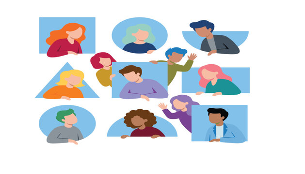Diverse people avatars in geometric frames communicating online during virtual meeting conference and remote teamwork flat vector illustration
