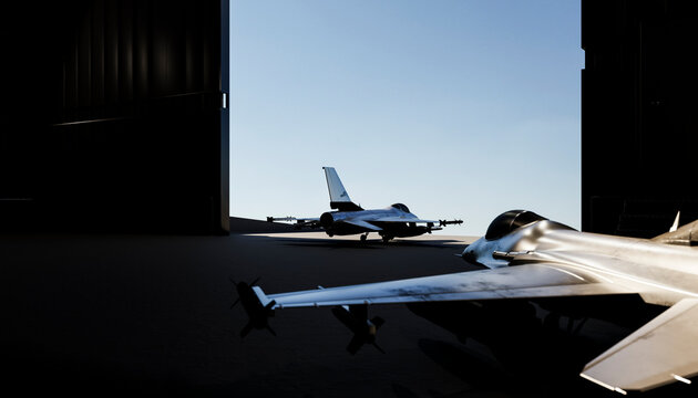 Military fighter jets in a hangar preparing for takeoff
