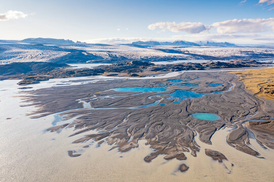 Aerial view of braided glacial river in Vatnajokull National Park
