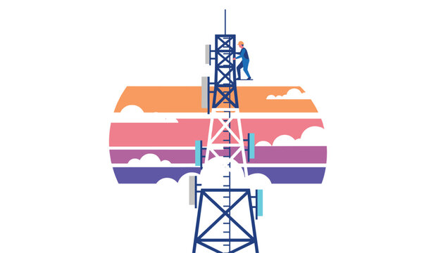 Communication engineer working on high telecommunication tower infrastructure for network maintenance against a colorful sunset.