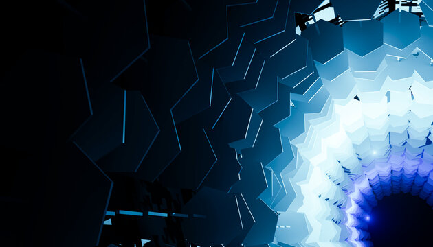 Abstract futuristic 3D glowing blue geometric tunnel and spiral