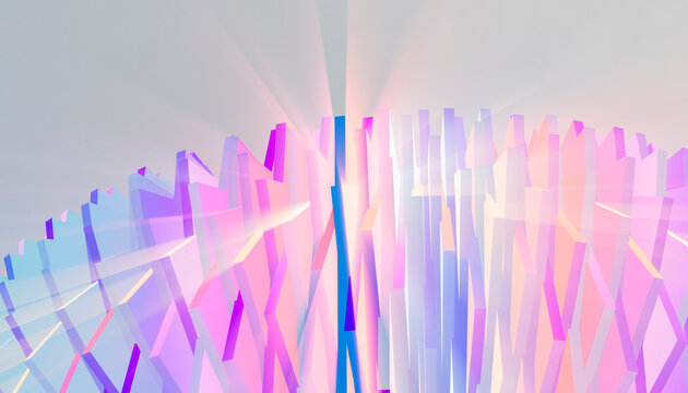Abstract pastel 3D geometric structure with glowing light rays