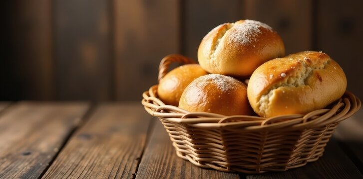 Warm bread and rolls in wicker basket on wooden table , basket, bakery, warm