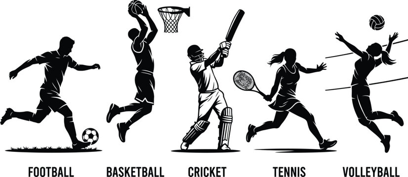 Dynamic sports silhouettes set featuring football basketball cricket tennis and volleyball players in action poses.