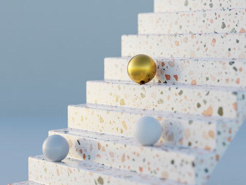 3d rendering of terrazzo staircase with spheres
