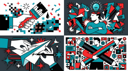 Flat Vector Illustration of Creative Process: Painting, Idea Generation, Writing, and Design with Geometric Shapes and Icons, Dynamic Composition © Faisal