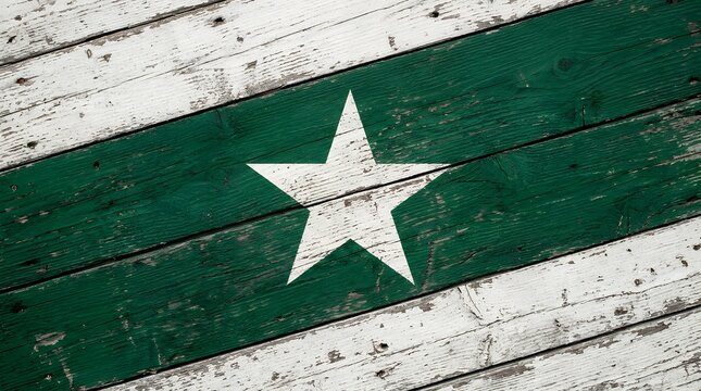 Vintage green and white flag painted on wood, rustic wooden planks with star symbol, distressed timber background with patriotic colors