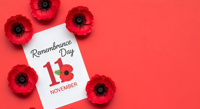 Handwritten Remembrance Day Card with Red Poppies on Vibrant Red Background