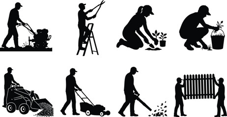 Obraz premium Gardening and Landscaping Worker Silhouette Collection with Outdoor Maintenance Activities