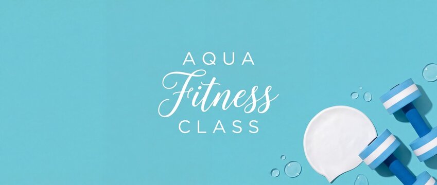 Aqua fitness class background with water dumbbells and swim cap on blue backdrop for pool aerobics, aquatic workout banner, active healthy lifestyle sports concept, exercise equipment flat lay photos.