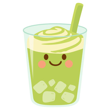 Cute kawaii matcha bubble tea character with smiling face vector illustration