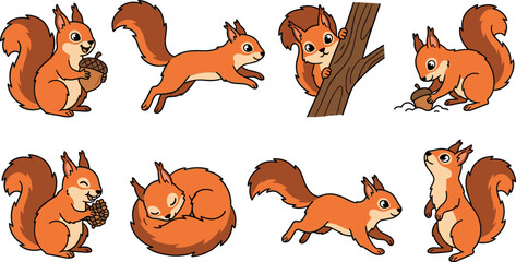 Obraz premium Cute Cartoon Squirrel Vector Character Set Featuring Various Poses Like Jumping, Sleeping, Eating Acorns, Climbing Trees, and Standing for Kids Design