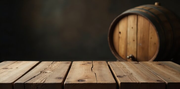 Weathered wooden table with a large barrel in the background , wooden crates, old barrel